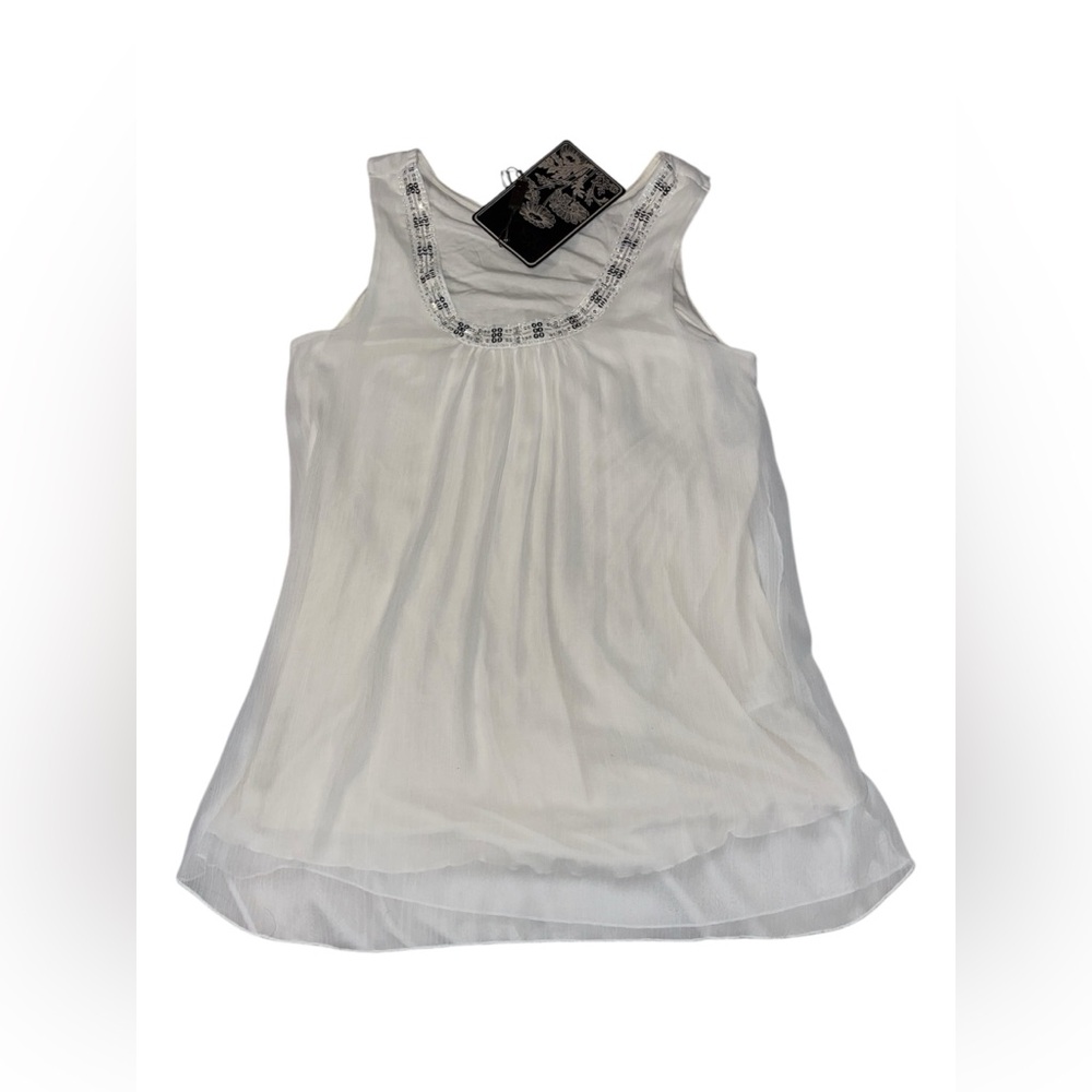 New White Sleeveless Top with Embellished Neckline